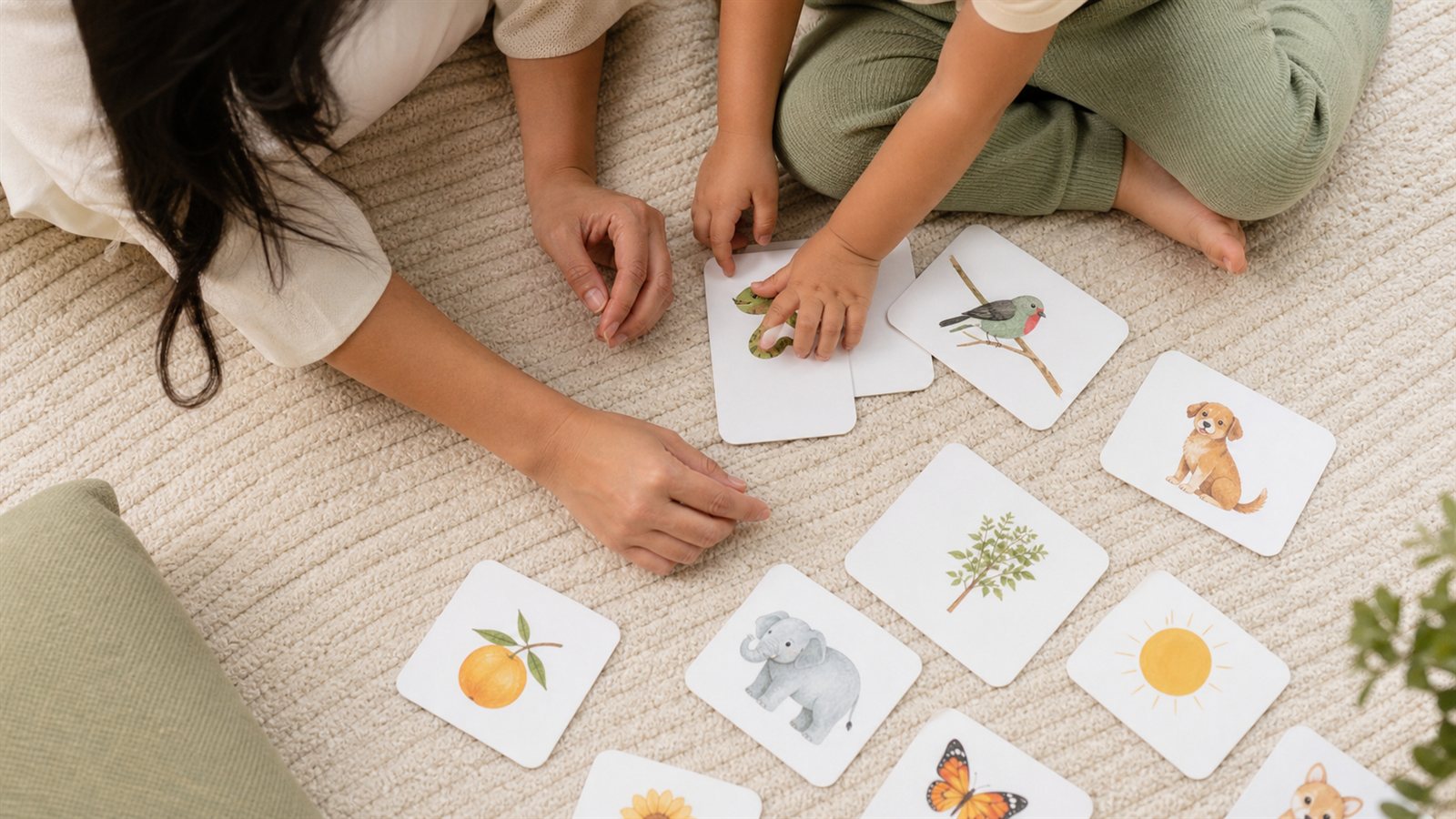Madre e hijo jugando con tarjetas de vocabulario sobre una alfombra